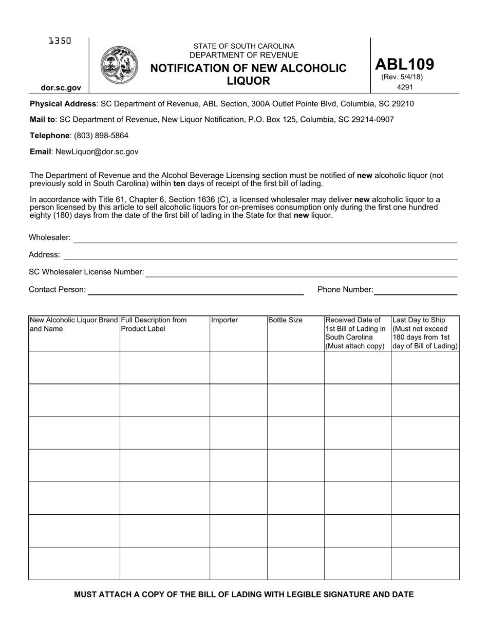 Form ABL-109 Notification of New Alcoholic Liquor - South Carolina, Page 1