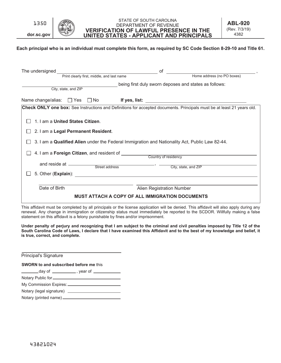 Form ABL-920 - Fill Out, Sign Online and Download Printable PDF, South ...