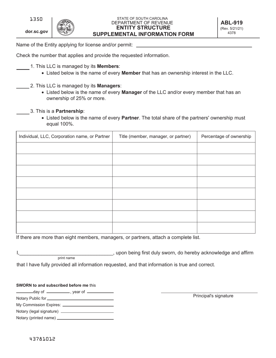 Form ABL-919 Entity Structure Supplemental Information Form - South Carolina, Page 1
