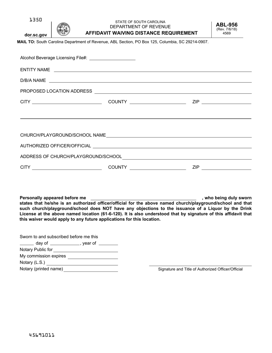Form ABL-956 Affidavit Waiving Distance Requirement - South Carolina, Page 1