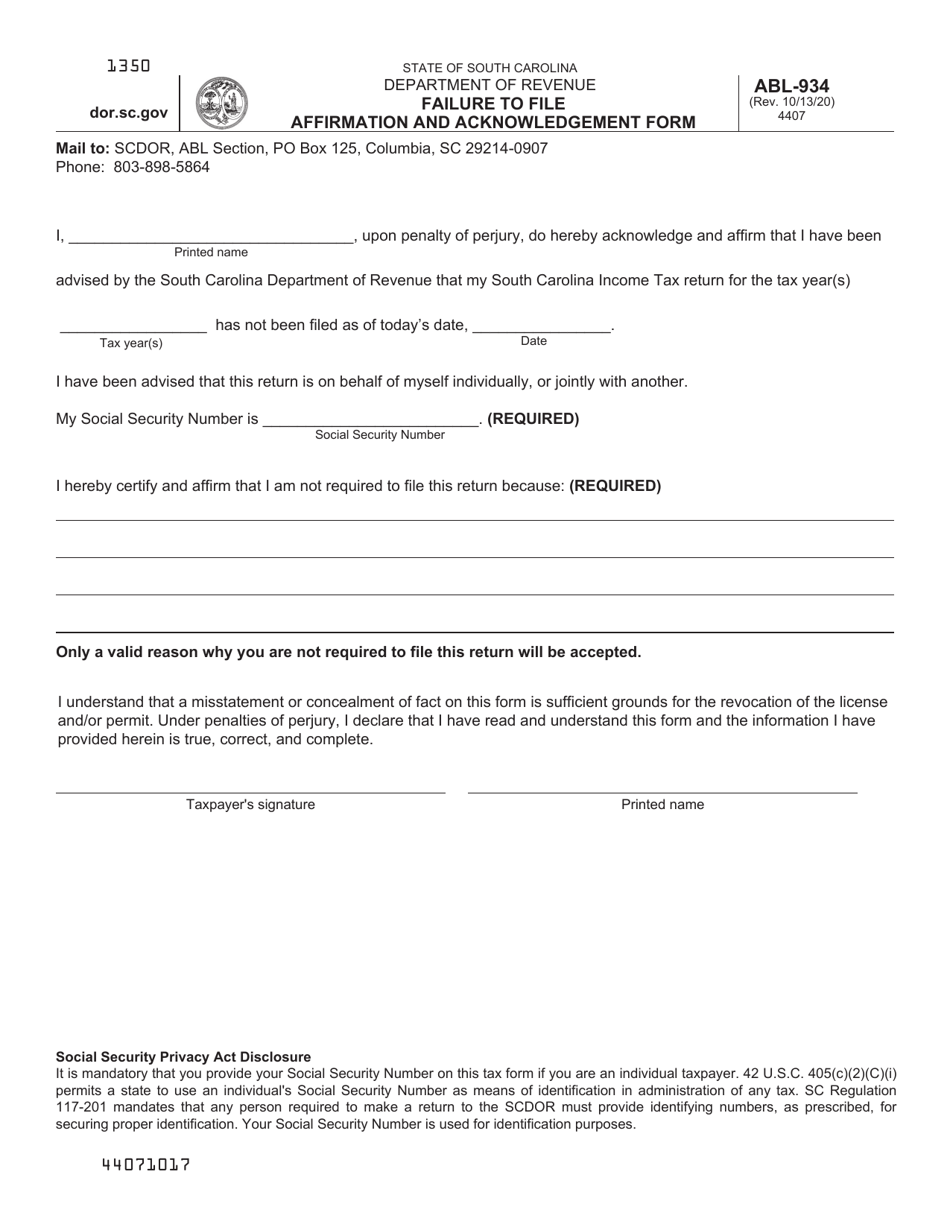 Form ABL-934 Failure to File Affirmation and Acknowledgement Form - South Carolina, Page 1