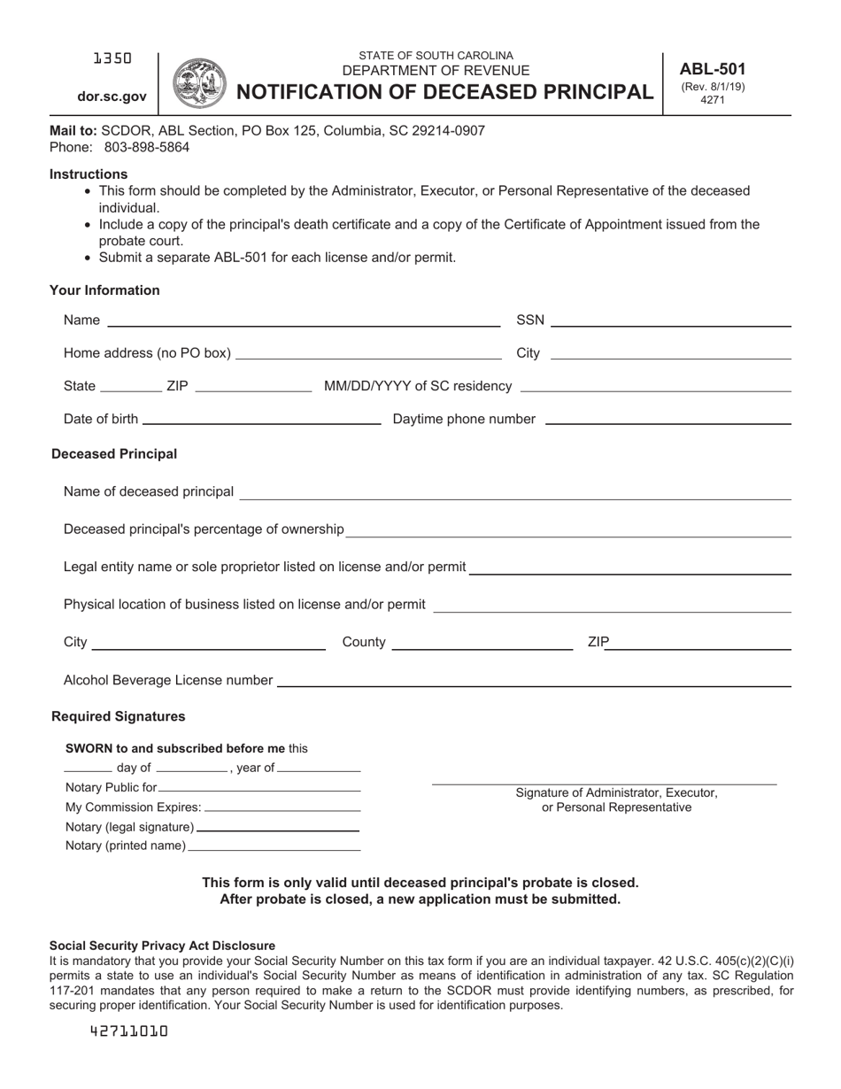 Form ABL-501 Notification of Deceased Principal - South Carolina, Page 1