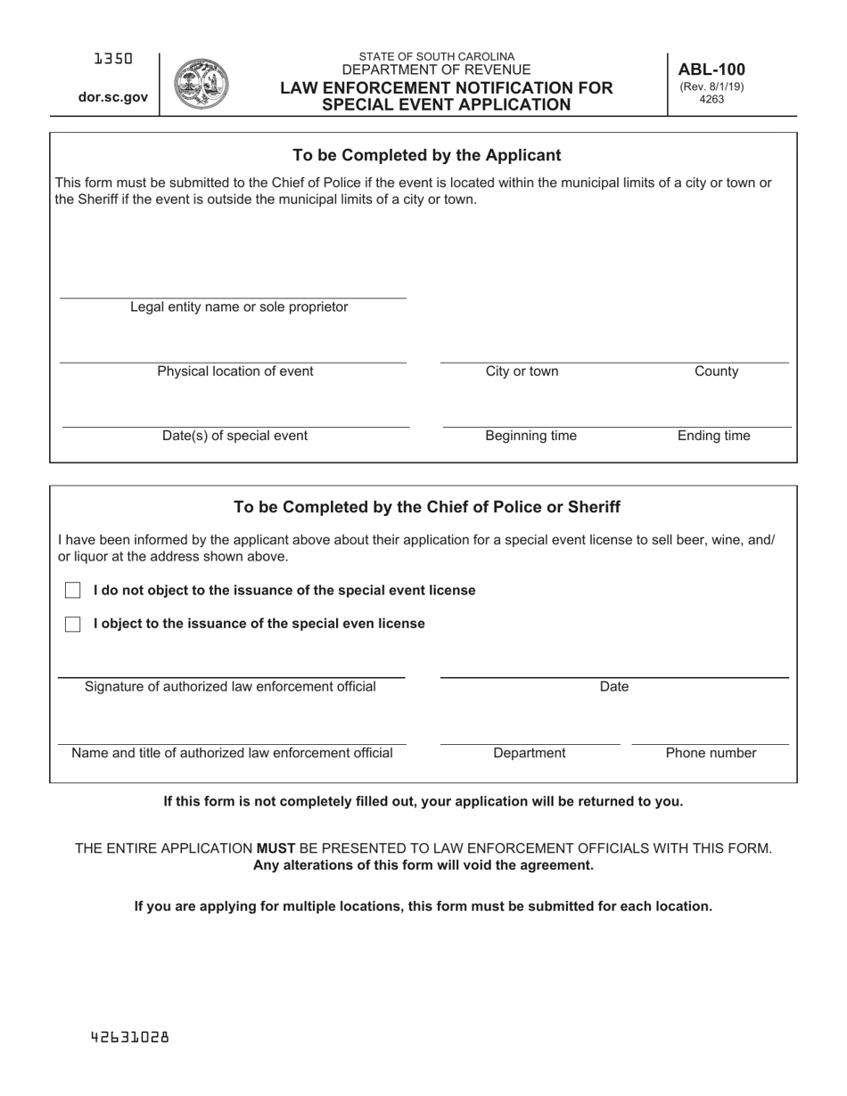 Form ABL-100 Law Enforcement Notification for Special Event Application - North Carolina, Page 1