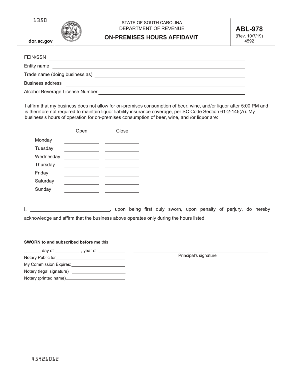 Form ABL-978 On-Premises Hours Affidavit - South Carolina, Page 1