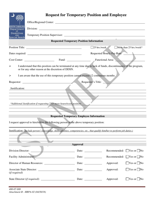 Form HRPA-02 Attachment B Request for Temporary Position and Employee - Sample - South Carolina