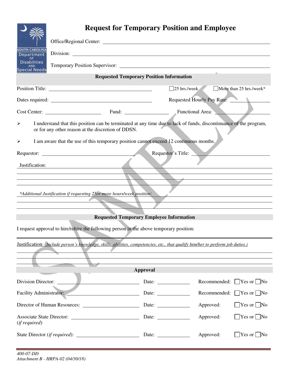 Form HRPA-02 Attachment B Request for Temporary Position and Employee - Sample - South Carolina, Page 1