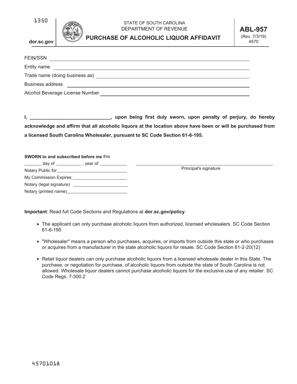 Form ABL-957 Purchase of Alcoholic Liquor Affidavit - South Carolina, Page 1