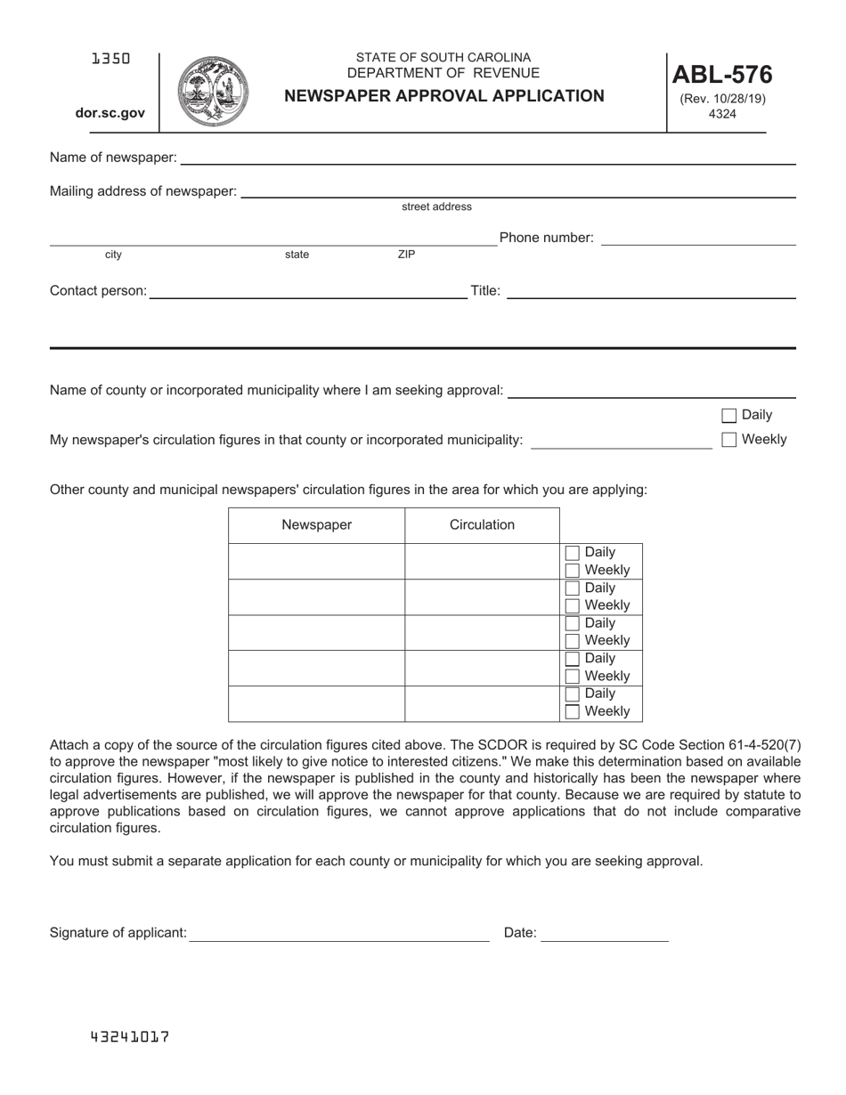 Form ABL-576 Newspaper Approval Application - South Carolina, Page 1