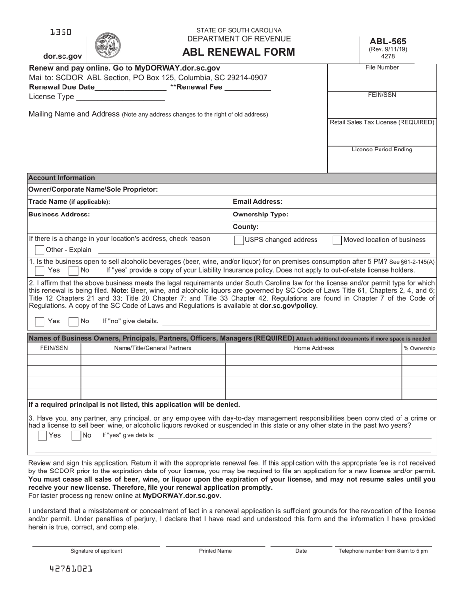 Form ABL-565 Abl Renewal Form - South Carolina, Page 1