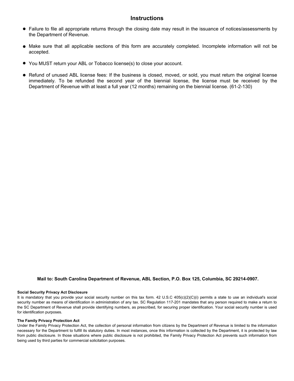 Form L-1278 Alcohol and Tobacco Closing Form - South Carolina, Page 2