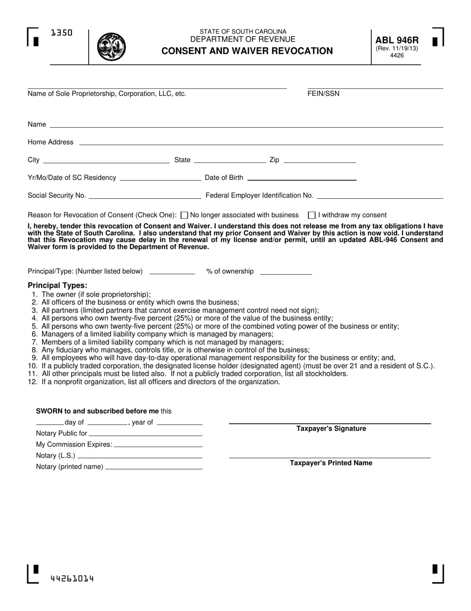 Form ABL-946R Consent and Waiver Revocation - South Carolina, Page 1