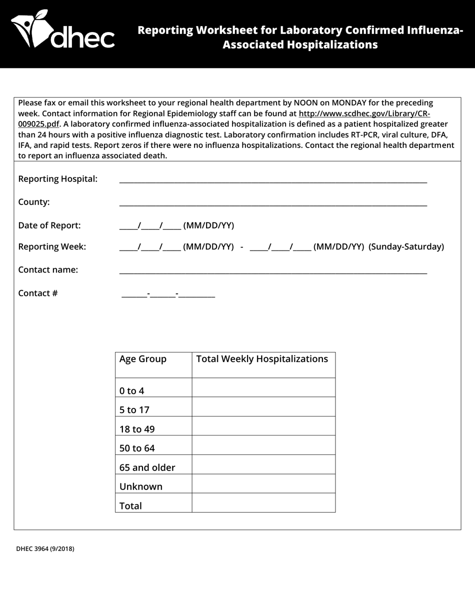 DHEC Form 3964 Reporting Worksheet for Laboratory Confirmed Influenza - Associated Hospitalizations - South Carolina, Page 1