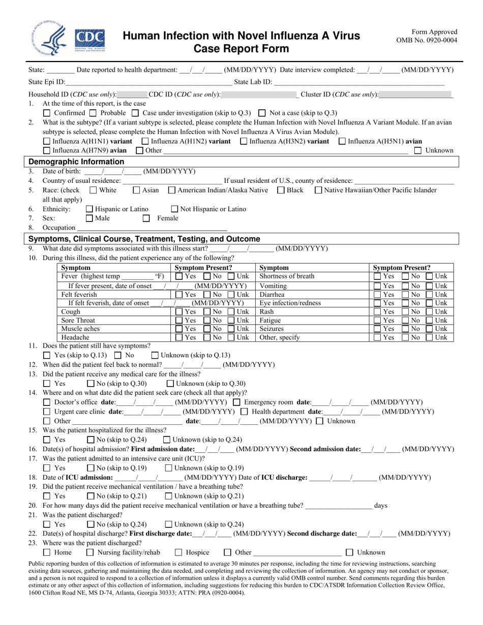 Human Infection With Novel Influenza a Virus Case Report Form, Page 1