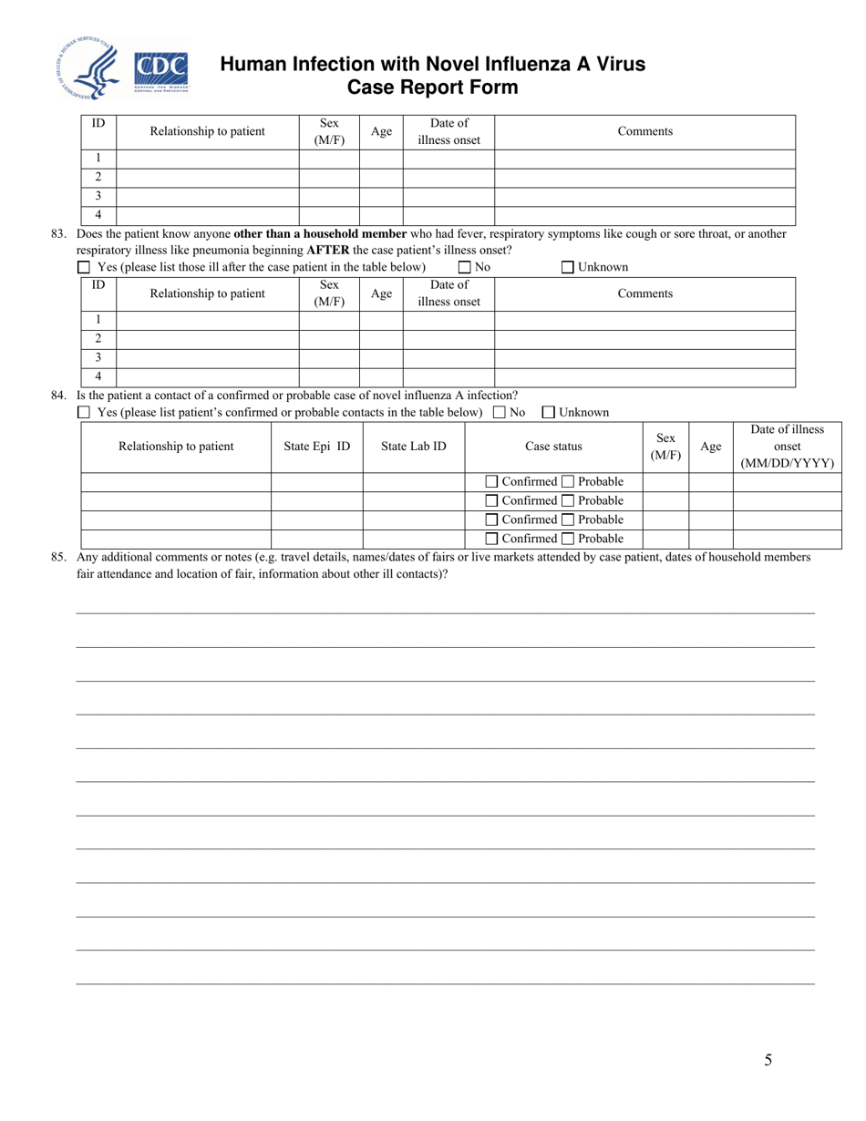 Human Infection With Novel Influenza a Virus Case Report Form, Page 5