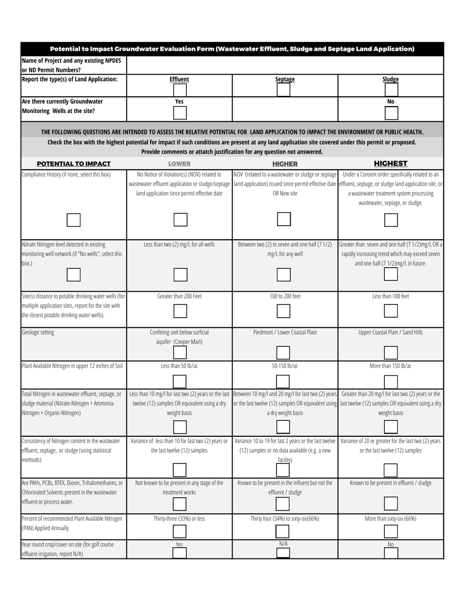 Potential to Impact Groundwater Evaluation Form (Wastewater Effluent, Sludge and Septage Land Application) - South Carolina, Page 1