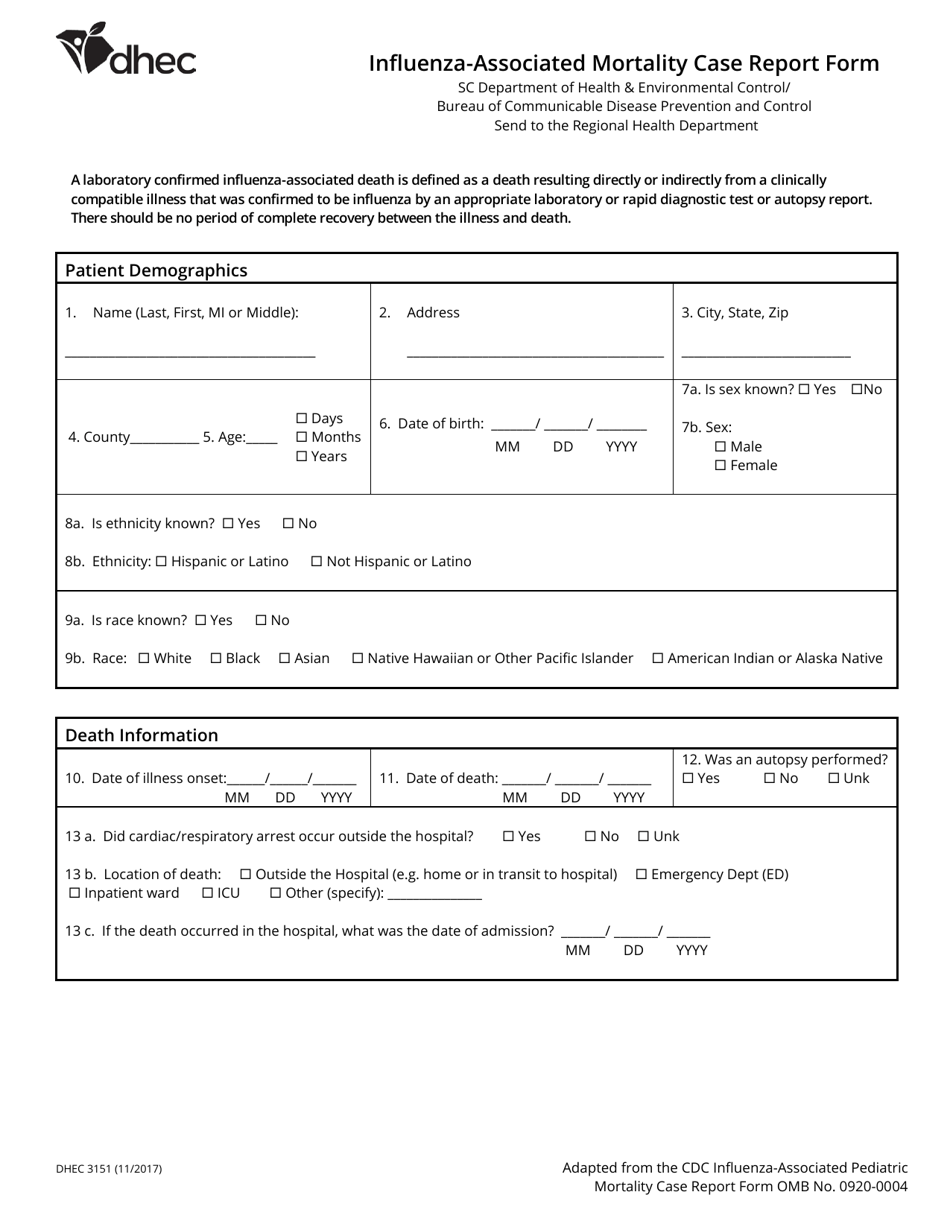 DHEC Form 3151 Influenza-Associated Mortality Case Report Form - South Carolina, Page 1
