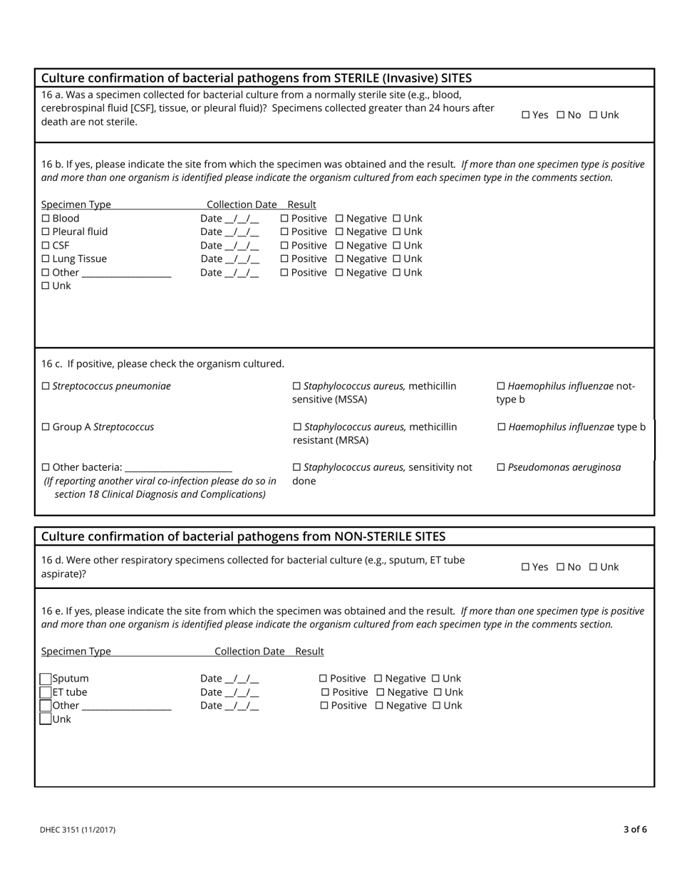 DHEC Form 3151 Influenza-Associated Mortality Case Report Form - South Carolina, Page 3