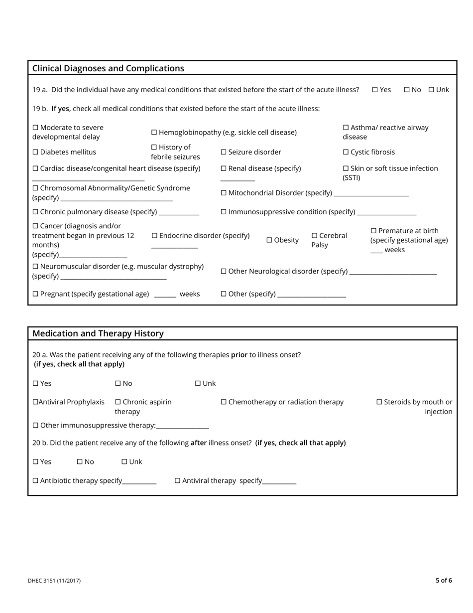 DHEC Form 3151 Influenza-Associated Mortality Case Report Form - South Carolina, Page 5
