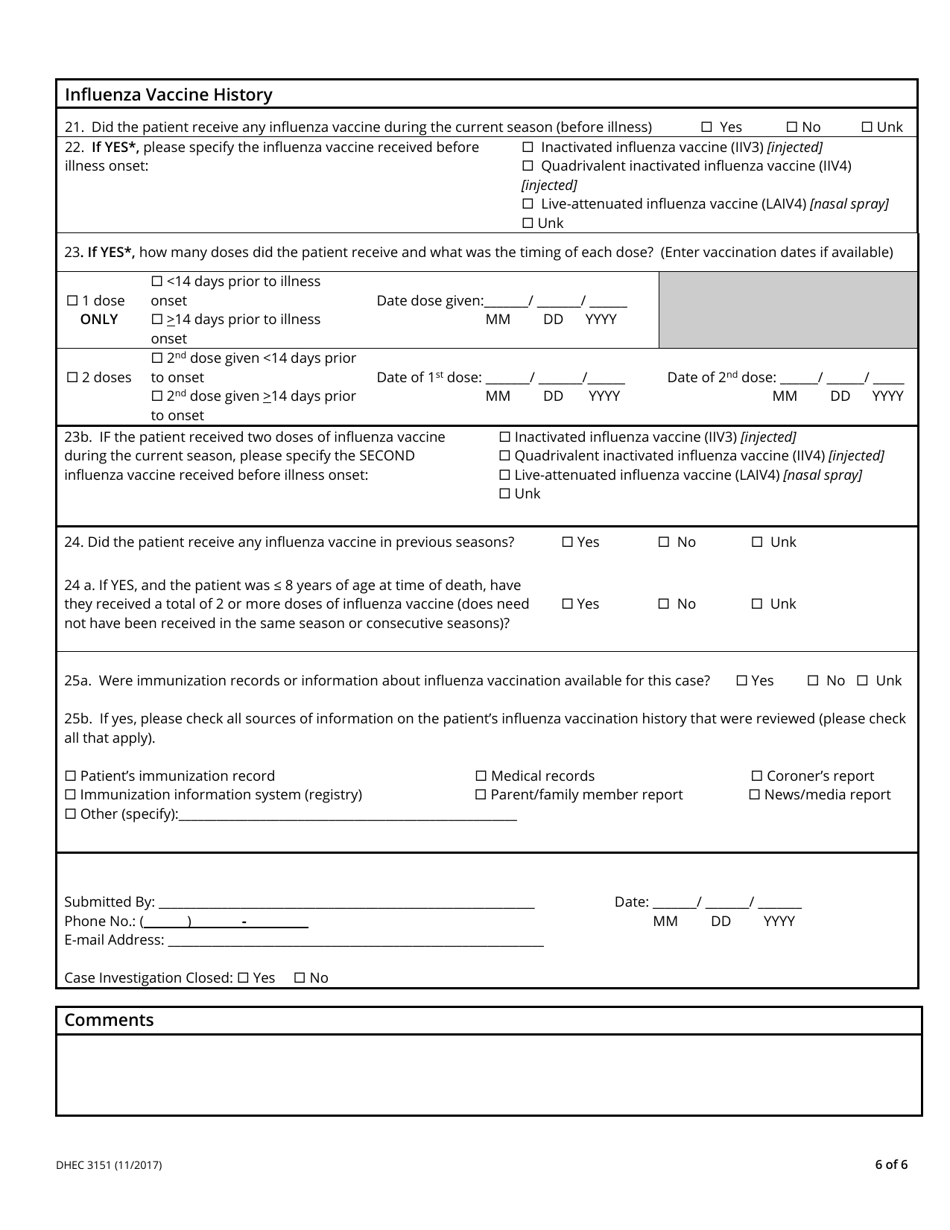 DHEC Form 3151 Influenza-Associated Mortality Case Report Form - South Carolina, Page 6