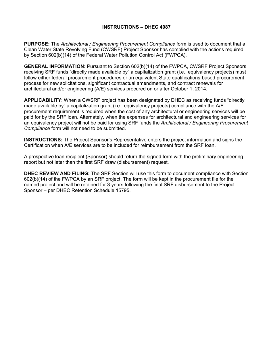 DHEC Form 4087 Architectural / Engineering Procurement Compliance Form (For Clean Water Equivalency Projects) - South Carolina, Page 2