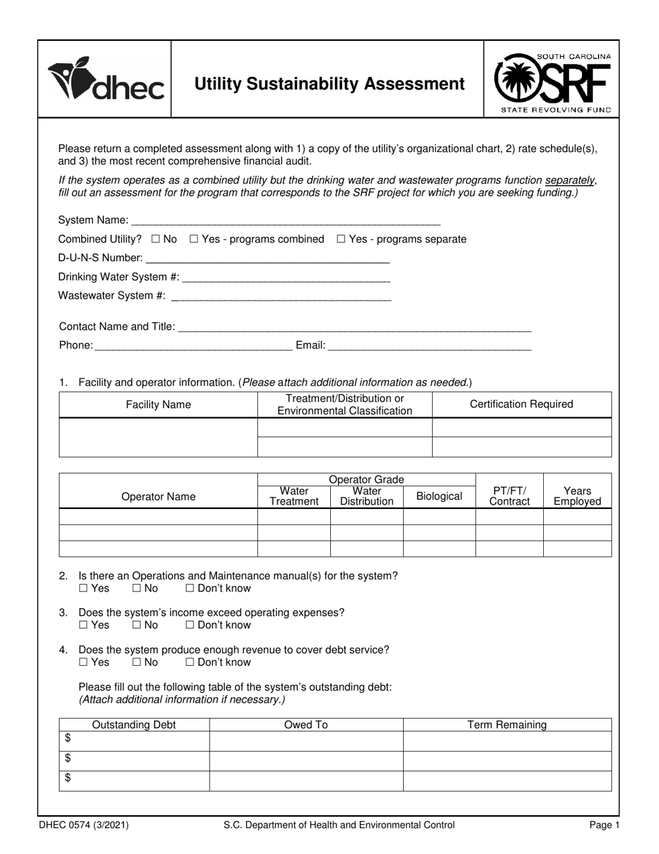 DHEC Form 0574 Utility Sustainability Assessment - South Carolina, Page 1
