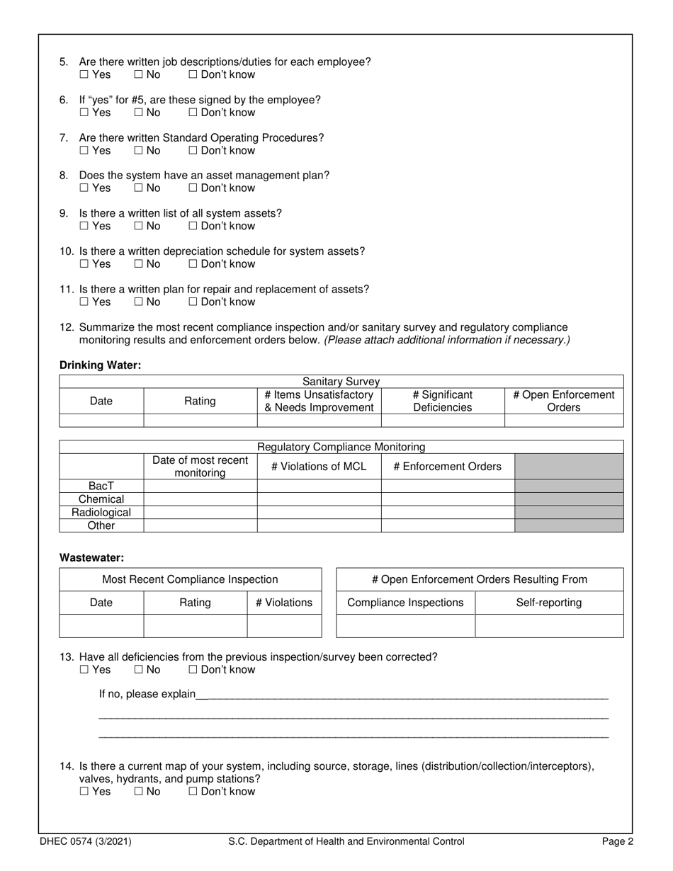DHEC Form 0574 Utility Sustainability Assessment - South Carolina, Page 2