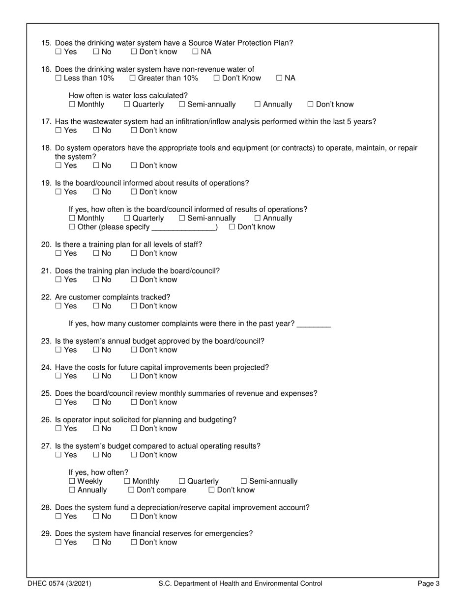 DHEC Form 0574 Utility Sustainability Assessment - South Carolina, Page 3
