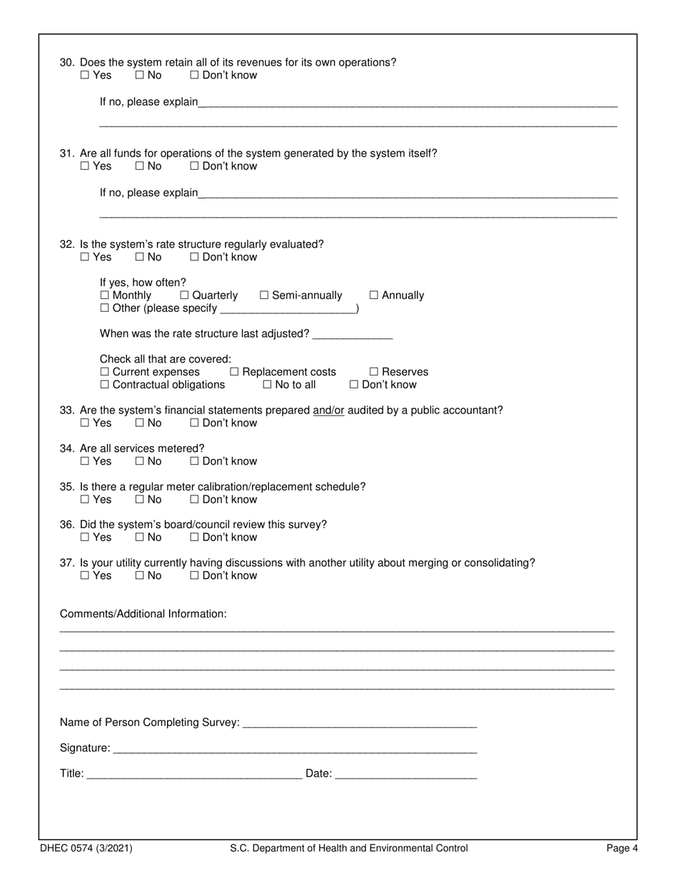 DHEC Form 0574 Utility Sustainability Assessment - South Carolina, Page 4