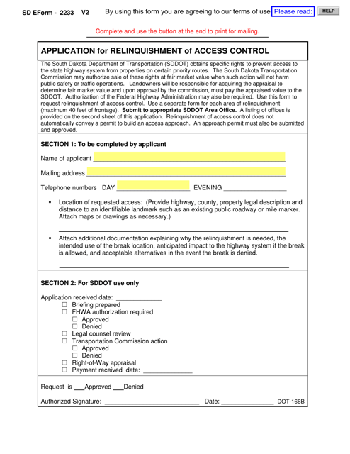 Form DOT-166B (SD Form 2233) Application for Relinquishment of Access Control - South Dakota