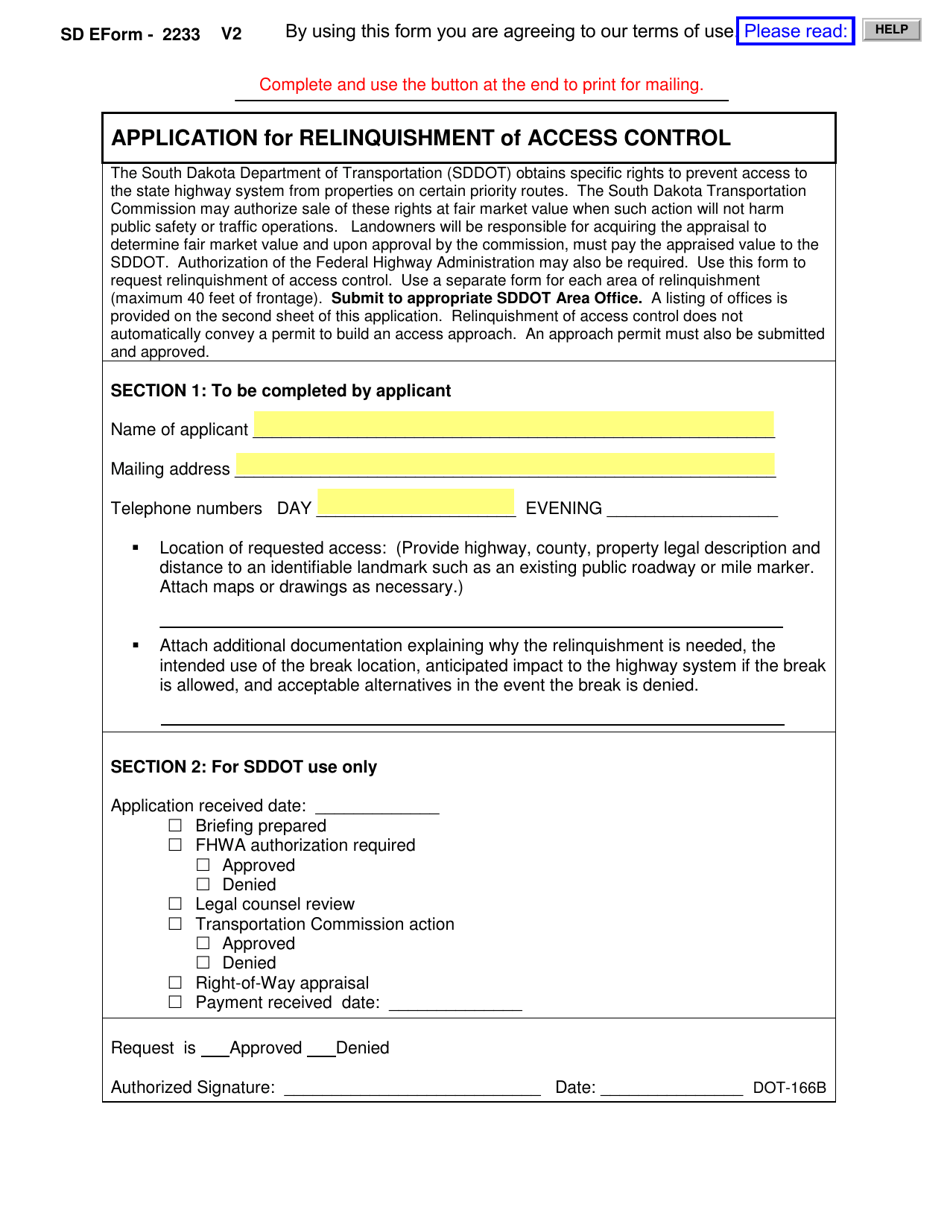 Form DOT-166B (SD Form 2233) Application for Relinquishment of Access Control - South Dakota, Page 1