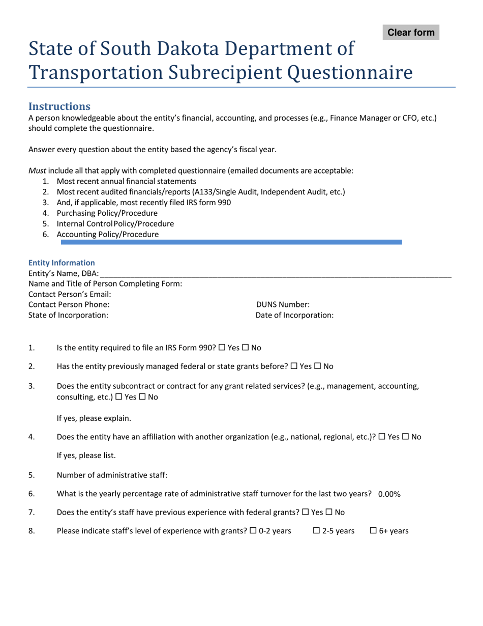 Subrecipient Questionnaire - South Dakota, Page 1