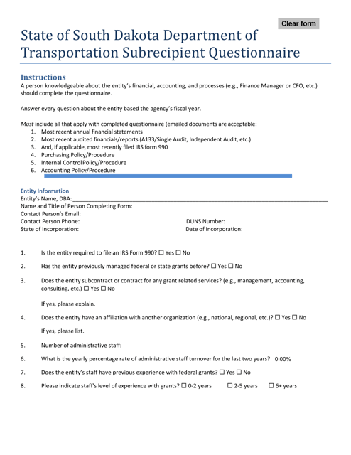Subrecipient Questionnaire - South Dakota