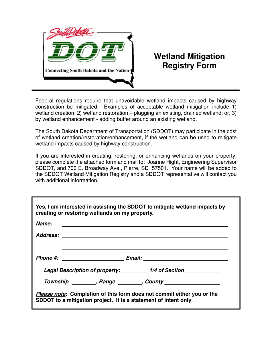 Wetland Mitigation Registry Form - South Dakota, Page 1