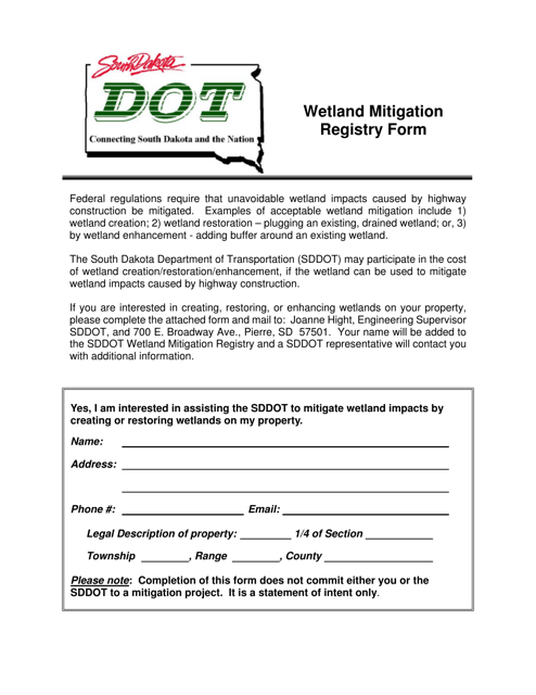 Wetland Mitigation Registry Form - South Dakota