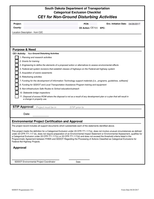 Categorical Exclusion Checklist - Ce1 for Non-ground Disturbing Activities - South Dakota Download Pdf