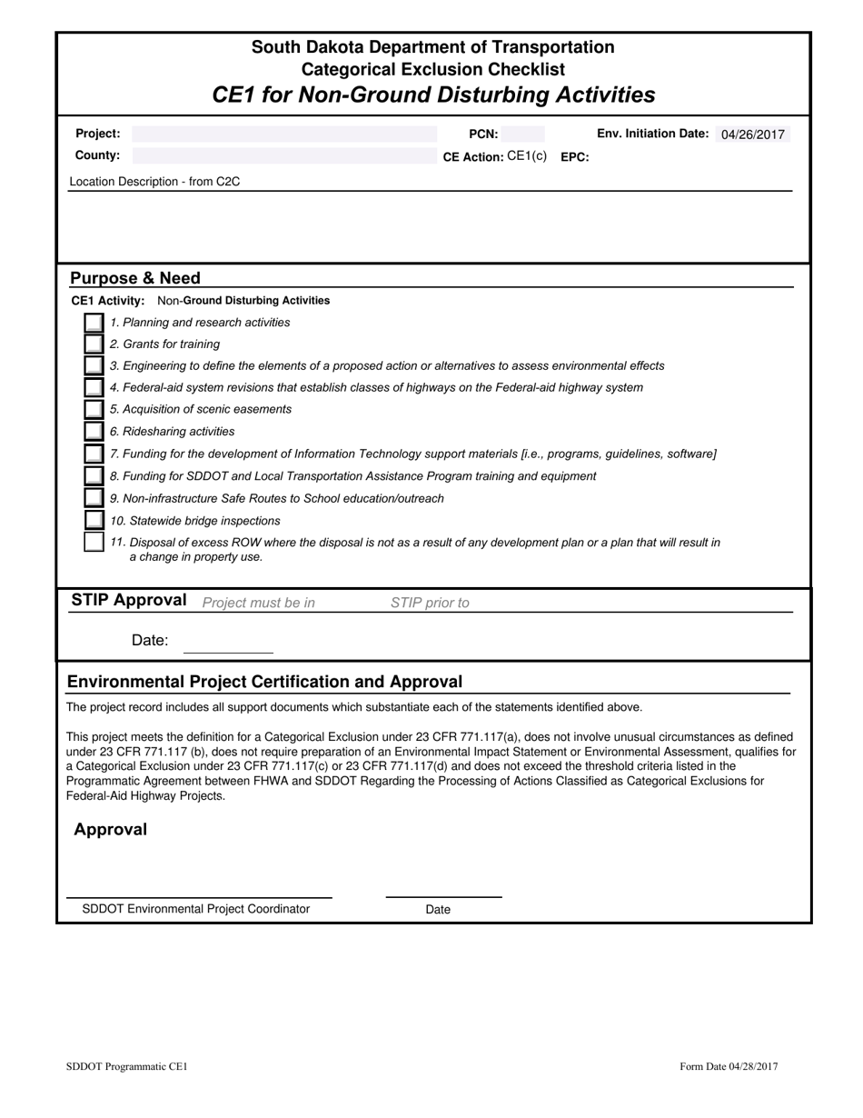 Categorical Exclusion Checklist - Ce1 for Non-ground Disturbing Activities - South Dakota, Page 1