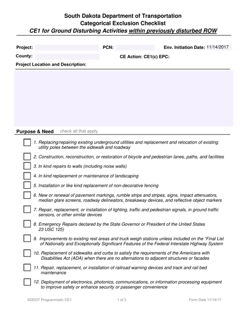 Categorical Exclusion Checklist - Ce1 for Ground Disturbing Activities Within Previously Disturbed Row - South Dakota Download Pdf