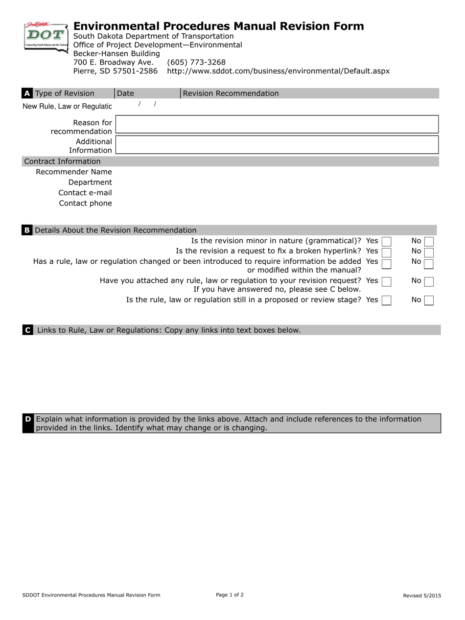 Environmental Procedures Manual Revision Form - South Dakota, Page 1