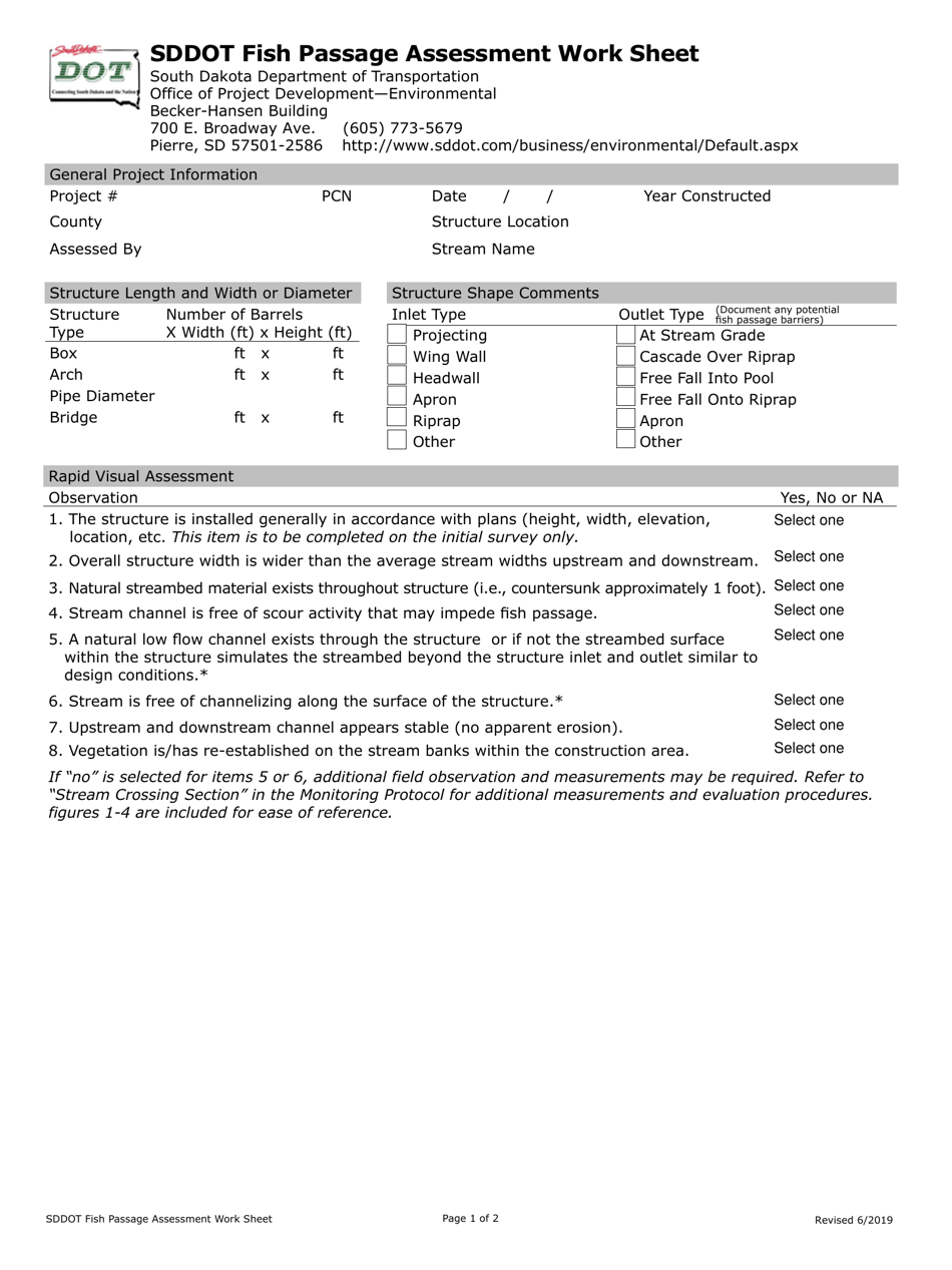 South Dakota Sddot Fish Passage Assessment Work Sheet - Fill Out, Sign ...