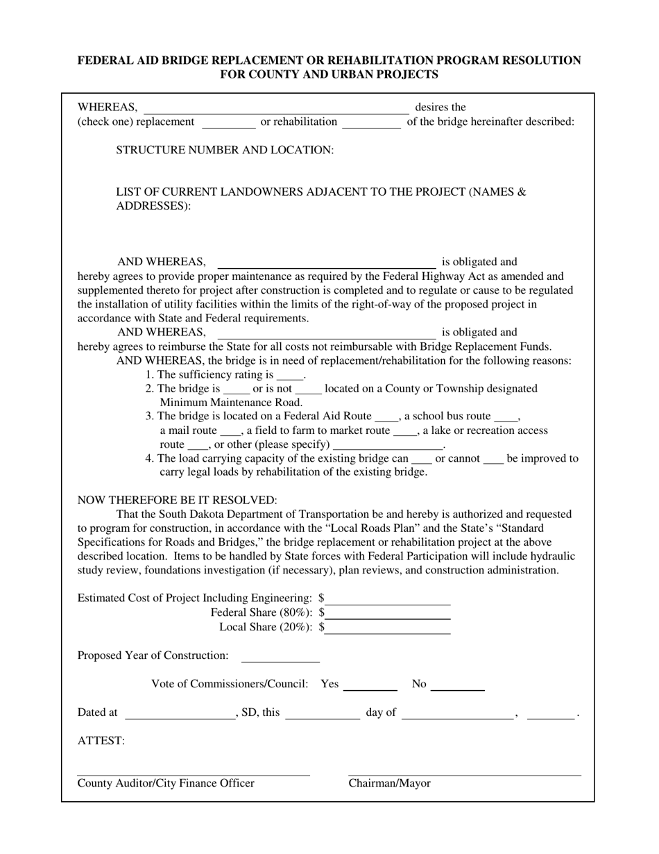 Federal Aid Bridge Replacement or Rehabilitation Program Resolution for County and Urban Projects - South Dakota, Page 1