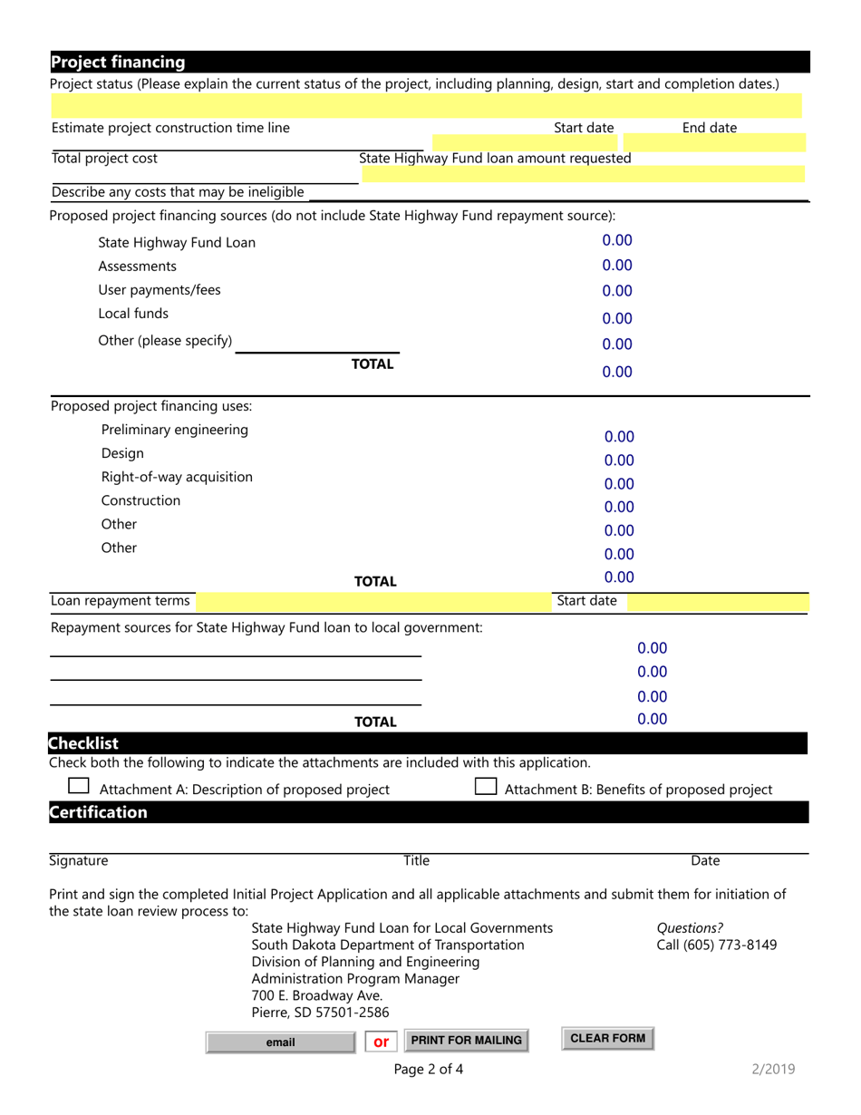 SD Form 2473 State Highway Fund Loans for Local Governments Initial Project Application - South Dakota, Page 2