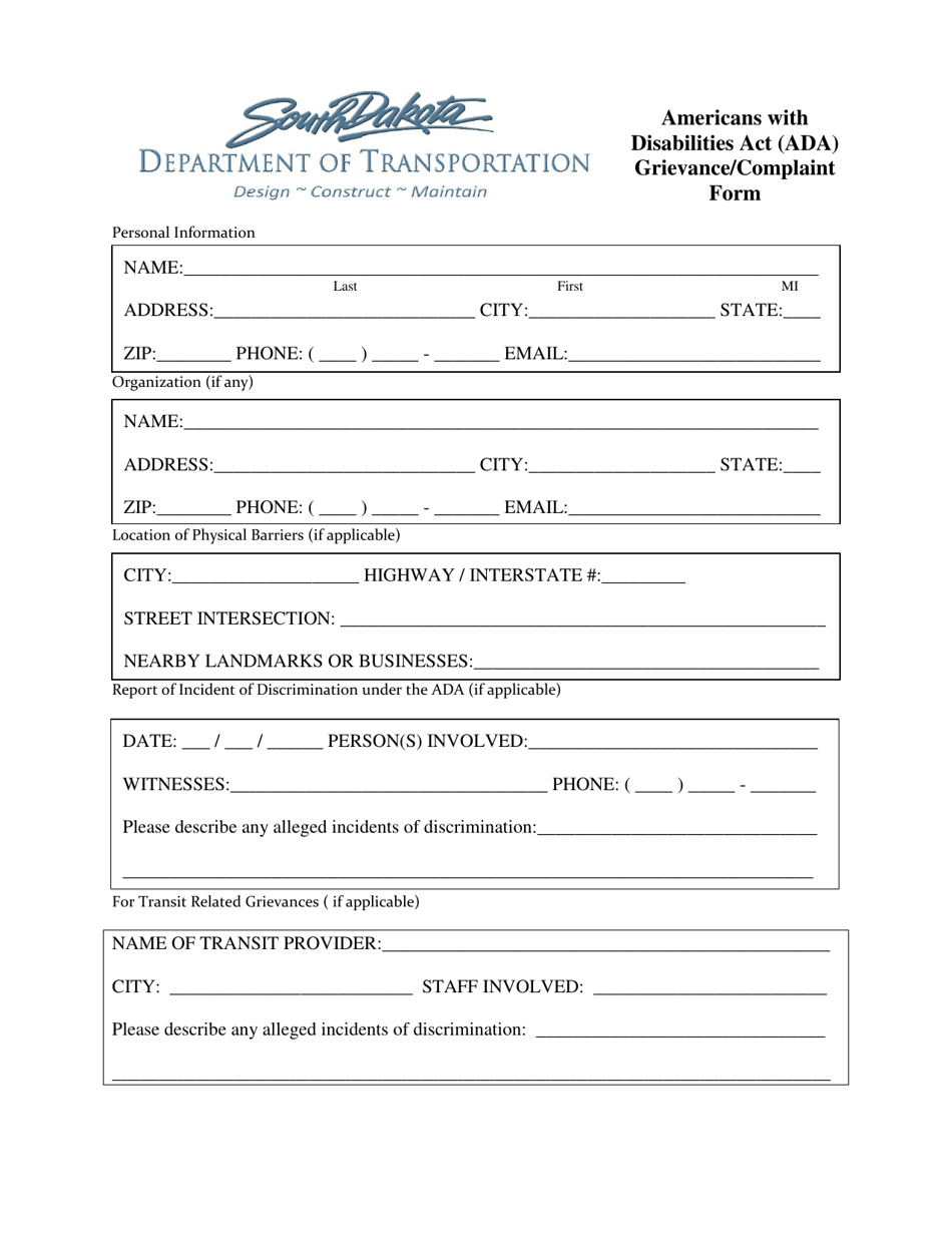 Americans With Disabilities Act (Ada) Grievance / Complaint Form - South Dakota, Page 1