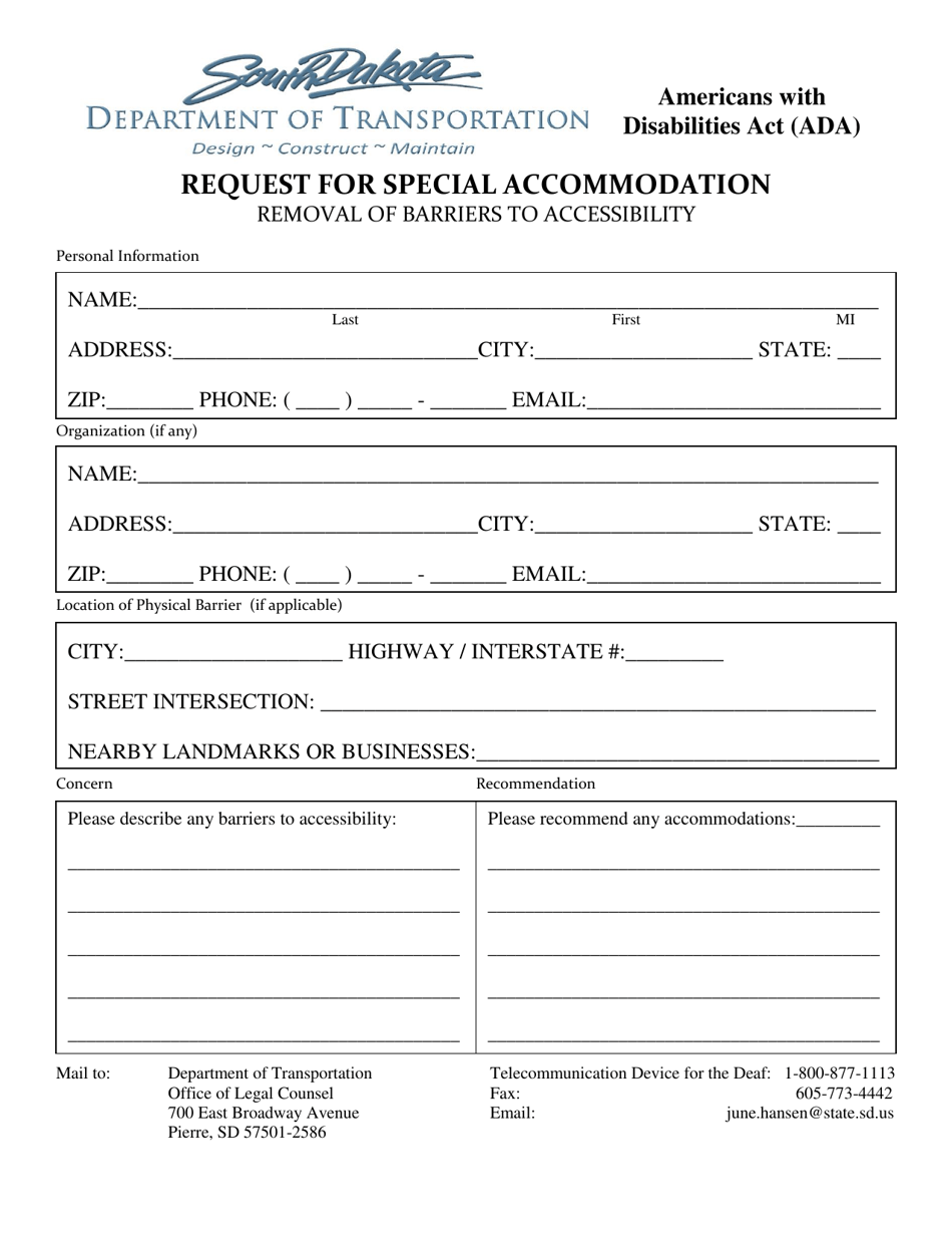 Request for Special Accommodation - South Dakota, Page 1