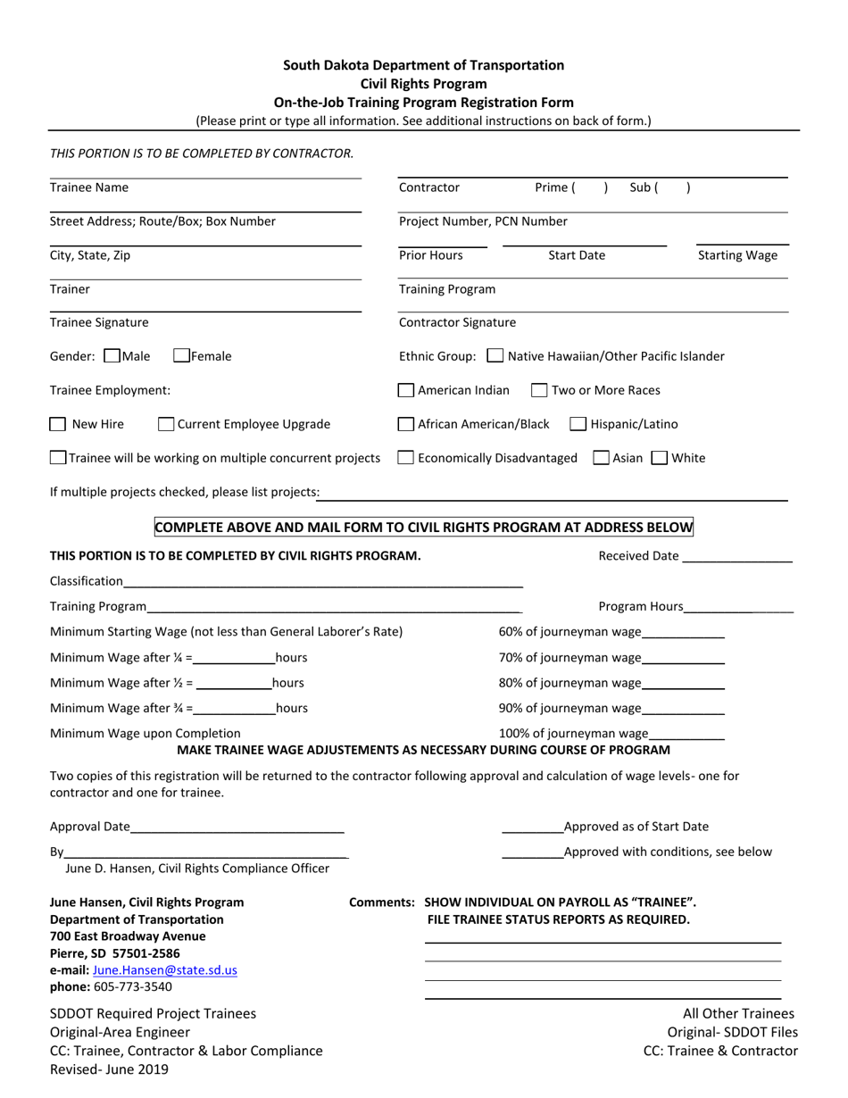 On-The-Job Training Program Registration Form - South Dakota, Page 1