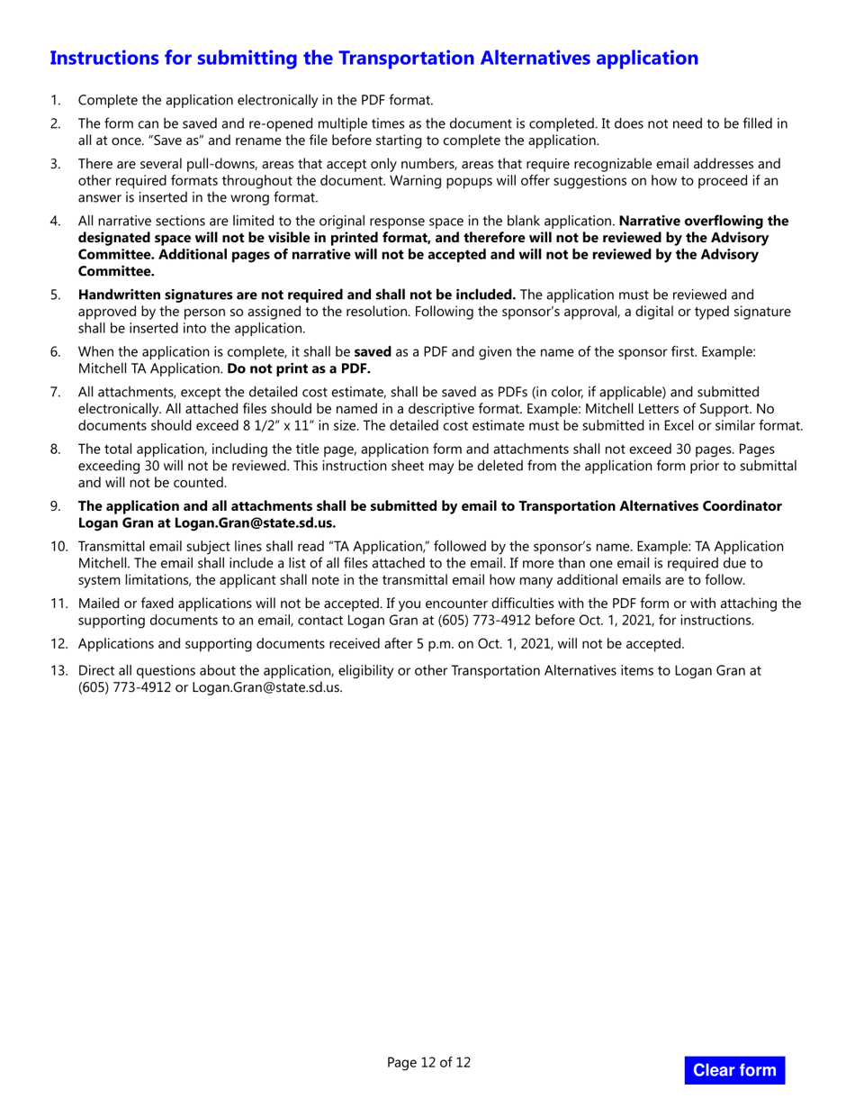 Transportation Alternatives Grant Application - South Dakota, Page 12