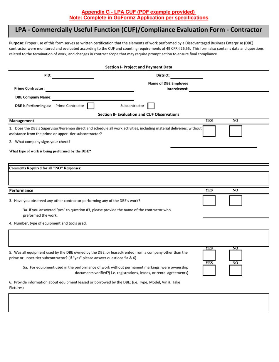 Appendix G Lpa - Commercially Useful Function (Cuf) / Compliance Evaluation Form - Contractor - Ohio, Page 1