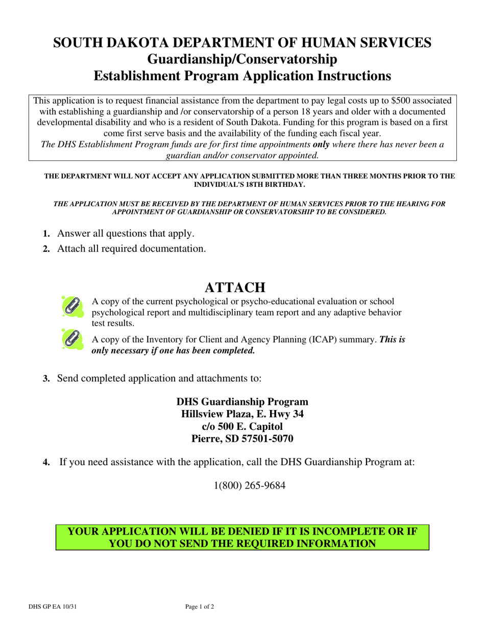 South Dakota DHS Establishment Program Application - South Dakota, Page 1
