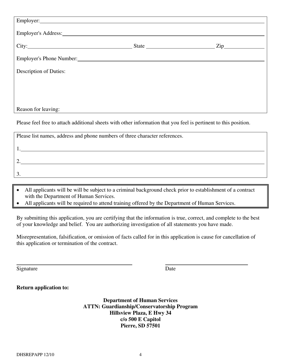 Application for Contractual Agreement as Guardian / Conservator Representative on Behalf of the Department of Human Services - South Dakota, Page 4