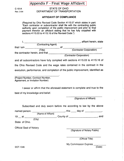 Form C-151A (DOT-1346) Appendix F Final Wage Affidavit - Ohio