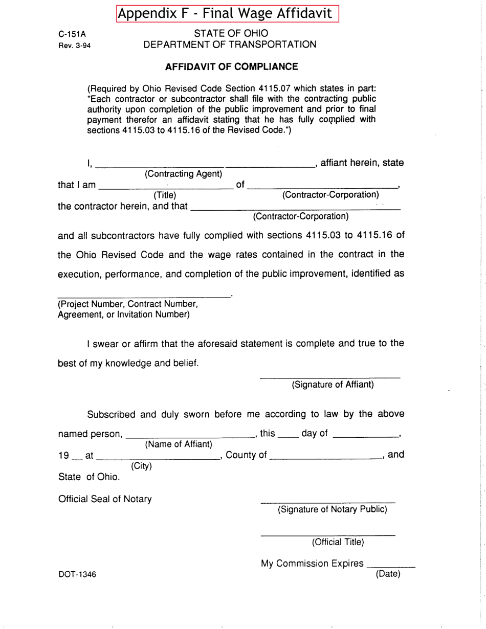 Form C-151A (DOT-1346) Appendix F Final Wage Affidavit - Ohio, Page 1